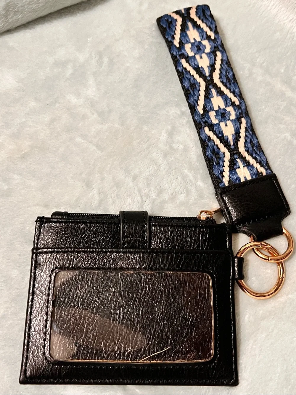 Black Faux Leather Card Holder Wristlet with Blue Woven Strap